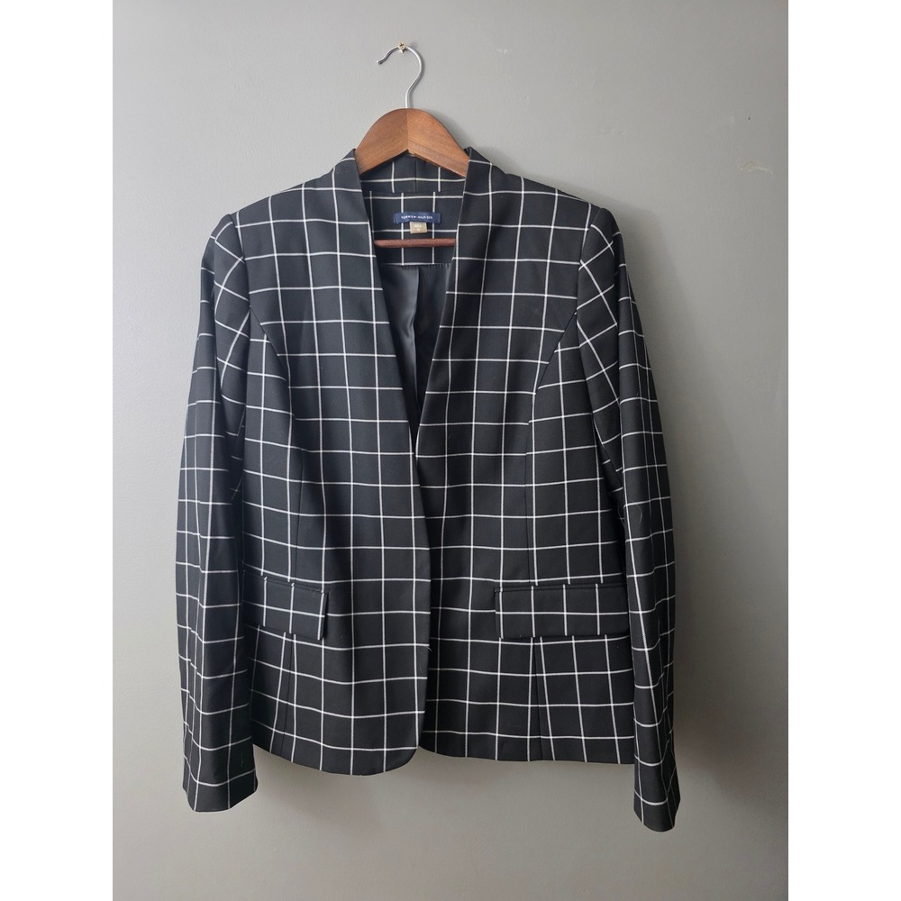 Tommy Hilfiger Womens Black White Windowpane Plaid Open Front Blazer Size 10